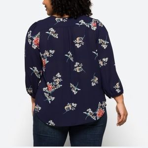 Fun2Fun Kinny Split Necked Smocked Shoulder Blouse, Navy and Floral, 1X